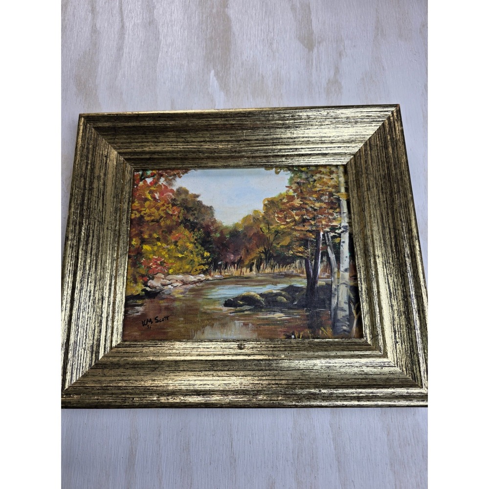 Vintage 1971 Signed Oil Painting Autumn River Landscape Gold Frame V.M. Scott